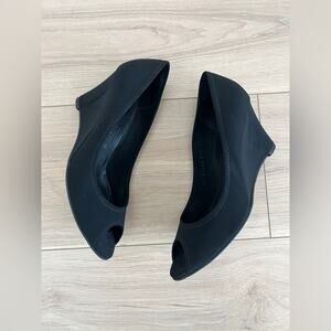 SALVATORE FERRAGAMO black wedge peep toe shoes / size 7.5